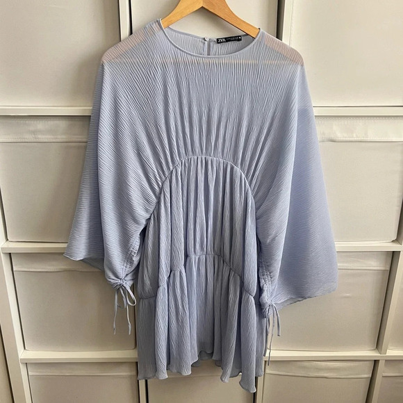 Zara Blue Pleated Long Sleeve Mini Dress - Picture 6 of 8